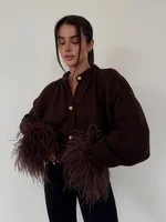 Feather Patchwork Knitted Cardigan Women Chic O-neck Long Sleeve Single-breasted Short Sweater 2025 Lady High Street Knitwear ﻿