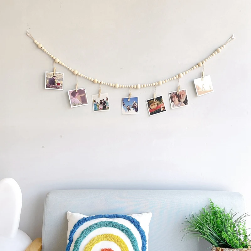 3 Stuks Hangende Foto Display Muur Decor Boho Houten Kraal Met 7 Houten Clips Voor Thuis, Kantoor