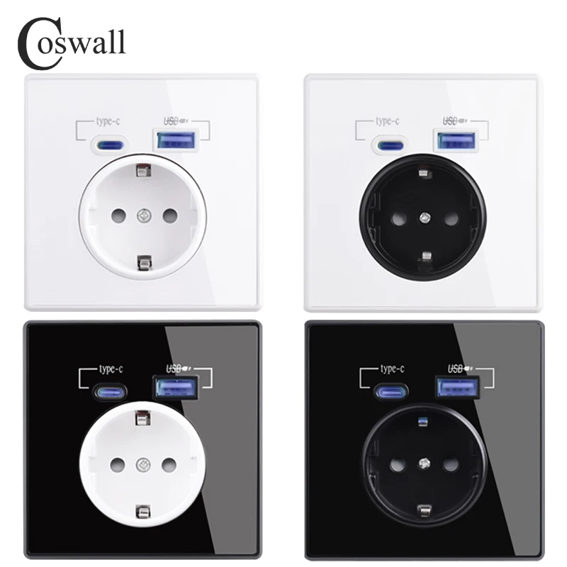 COSWALL Type C Interface Outlet Full Mirror Acrylic Panel, wall socket EU Russia French standard USB charge port black white