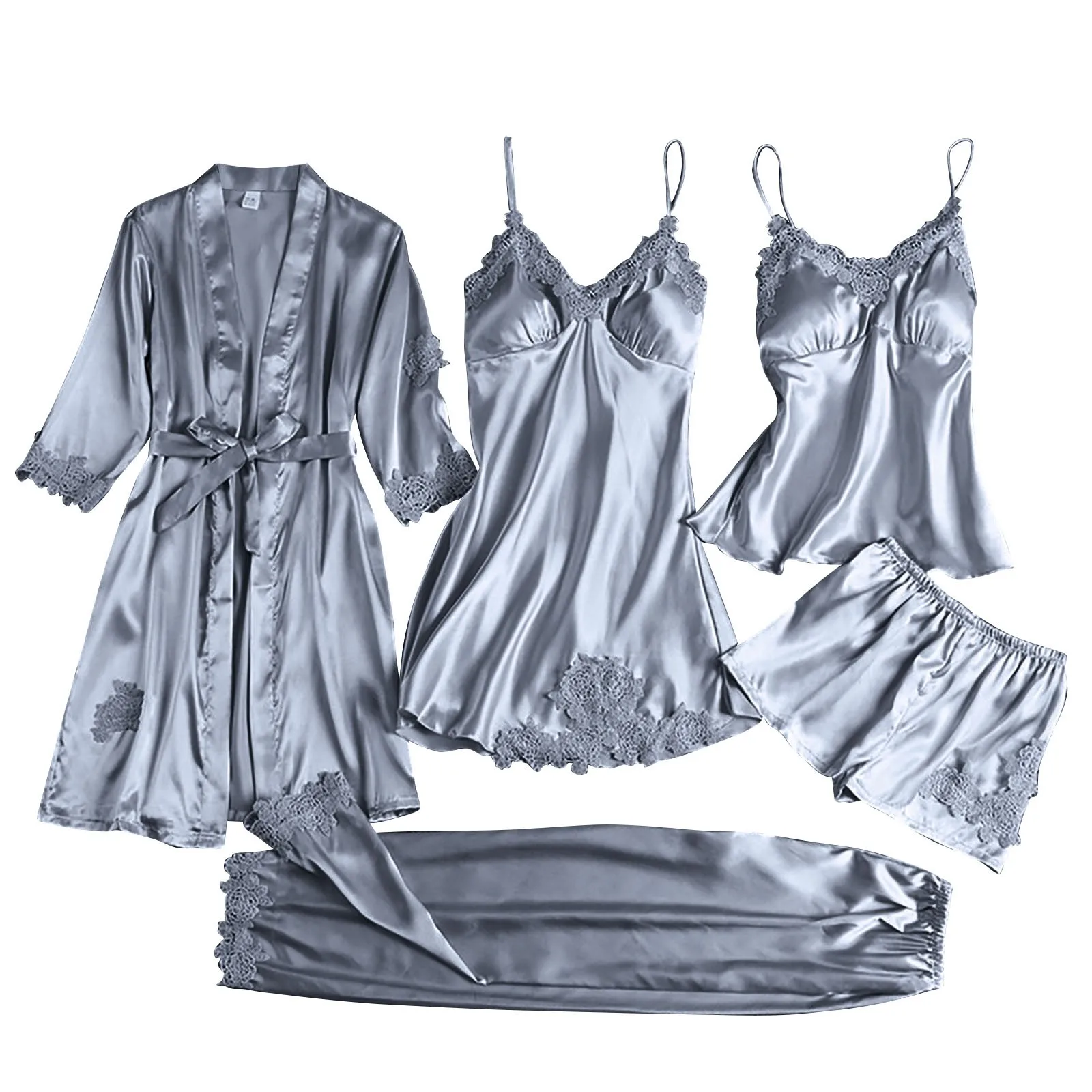 Women Pajamas Set Women Pajama Suit Ladies Satin Pajamas Set 5 Piece Pajamas Silk Like Lace Satin Short Set Ladies Night Gowns for Summer est Night Shirt