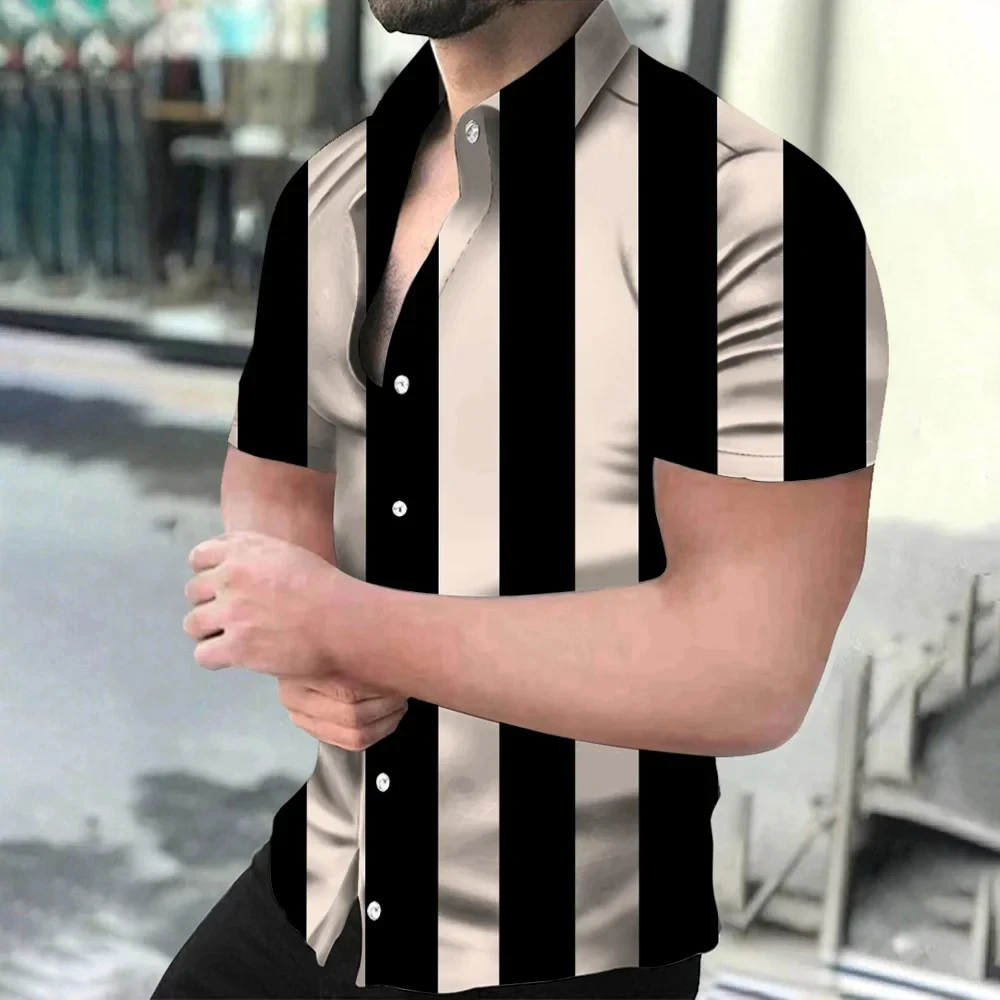thumbnail image 1 of Camisa de manga corta con cuello abatible y botones para hombre, informal, cómoda, transpirable, con estampado 3D de rayas de playa para vacaciones, 1 of 5