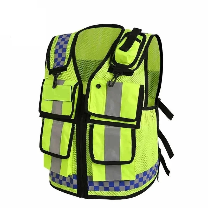Reflective Safety Vest Police Reflective Vest High Visibility Reflective Bonded Multiple Pockets Vest Mens Construction Worker Night Runner Safety