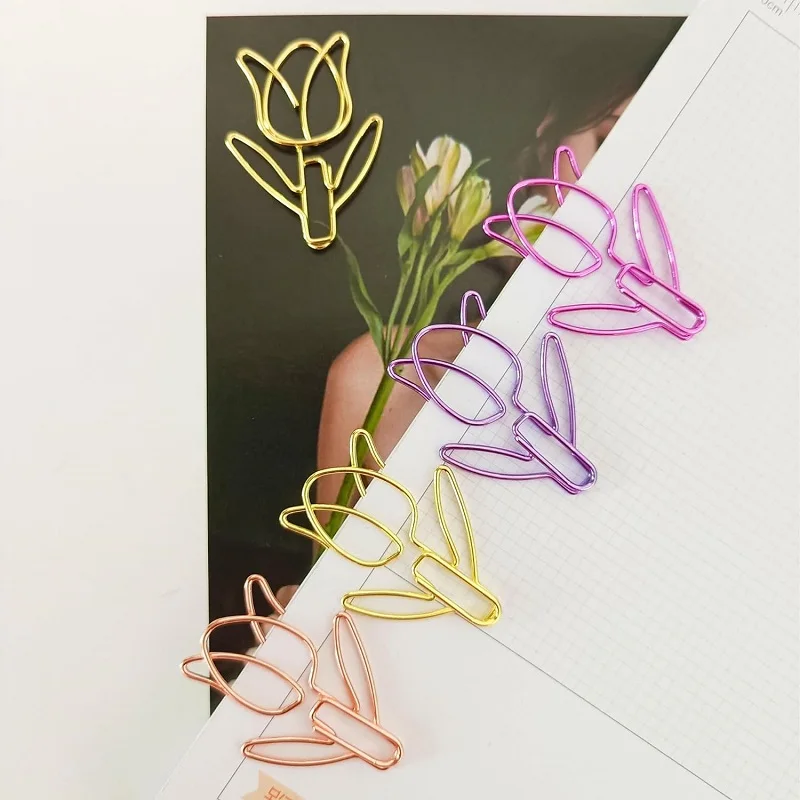 12Pcs/Box Tulip Shaped Paper Clip Colored Paper Clip Office Stationery Metal Bookmark Holder Stationery Clips