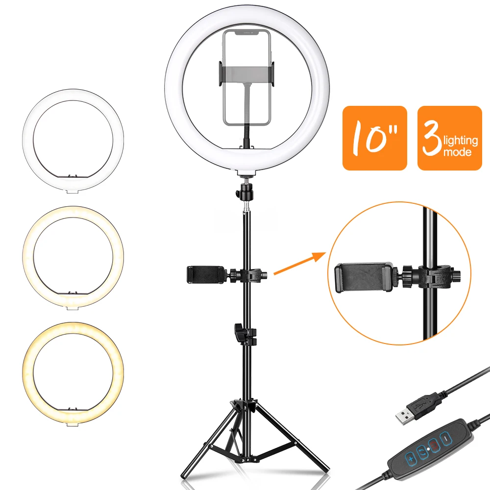 

10inch LED Ring Light Lamp With Phone Clip Tripod Stand Selfie Video For Tik Tok YouTube Phone Live Photo Photography Studio