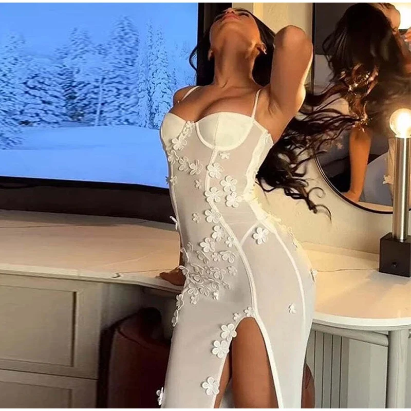 Sexy 3D Flowers Sling Tube Dresses Women Vintage Solid Slim Fit Sleeveless Slit Long Dress Female Spring Chic Evening Vestidos