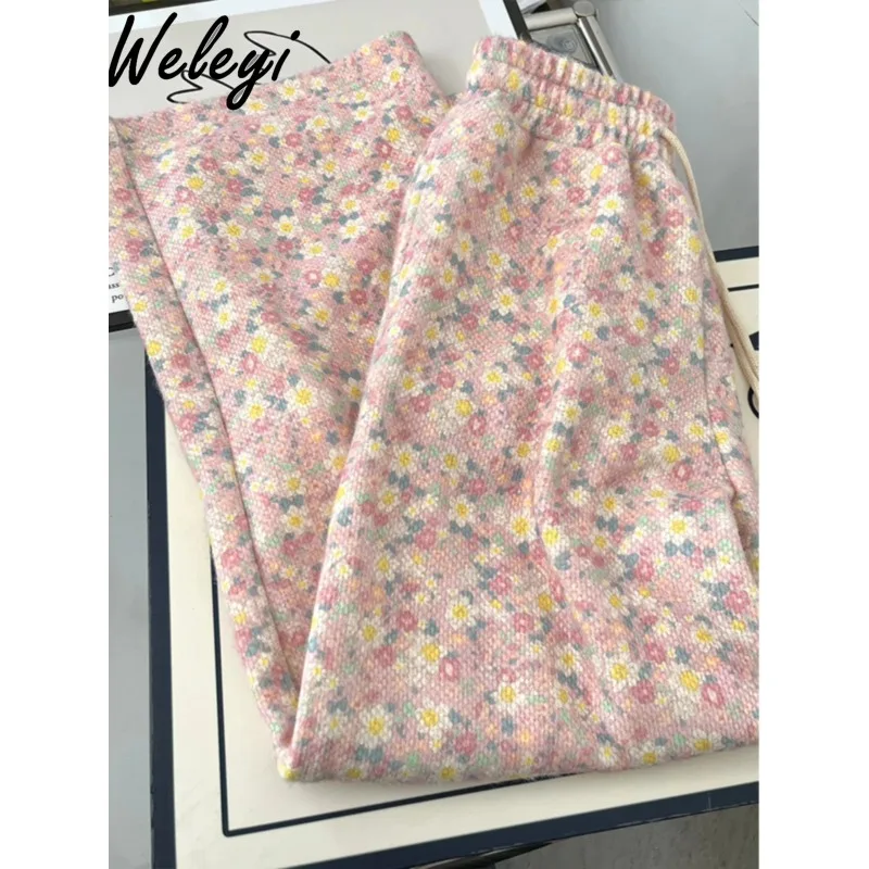 Sweet Woman Clothes Casual Pants 2024 Spring New Pink Flower Soft Glutinous Thick Straight Drawstring Elastic Waist Pantalones
