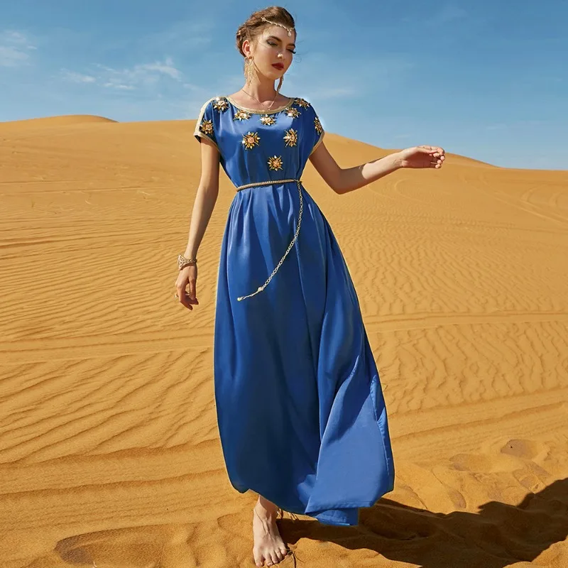 

Hand-stitched Drill Short Sleeve Long Abaya Dress Blue Wal Wal Satin Heavy Industry Muslim Woman Abaya Vintage Modest Dress