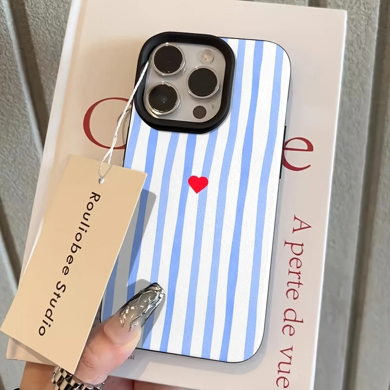 Minimalist Blue and White Striped Heart Pattern Phone Case