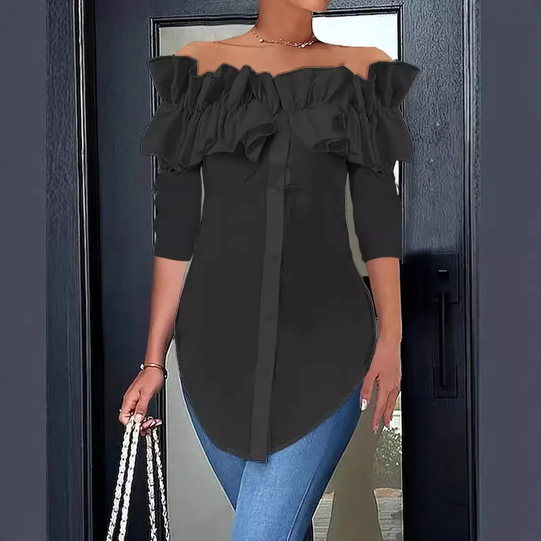 Women Long Sleeve Ruffle Button Blouse