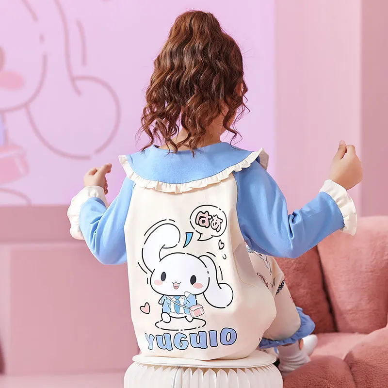 Sanrios Cinnamoroll Kuromi My Melody Children Cotton Pajamas Spring Home Long Sleeve Flip Neck Cardigan Kid Girl Nightwear Pants