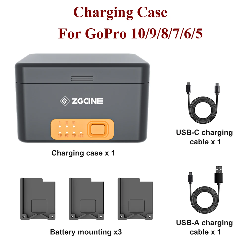Zgcine Per Gopro 10 9 8 7 6 5 Smart Battery Charger Box 10400Mah Case Power Bank 3 Tf Card Reader Storage Usb-A C Cavo Di Ricarica