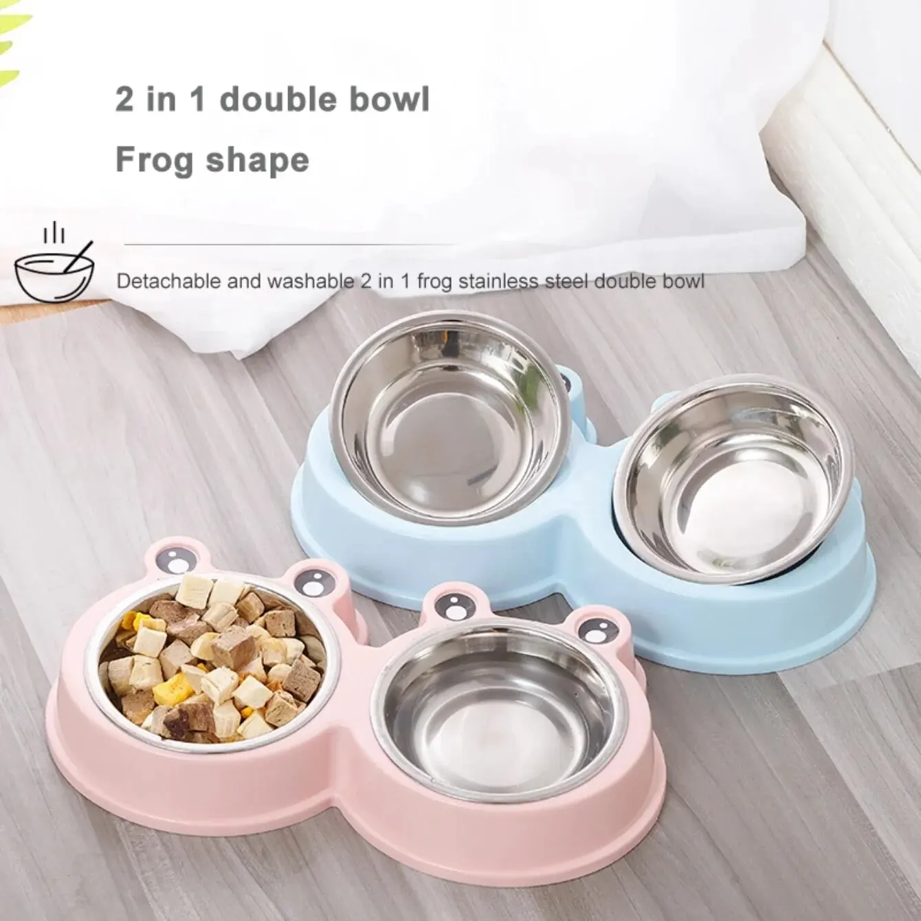 Dog Food Feeder Pet Dog Food Feeder Double Bowl Stainless Steel Rounded Cute Cartoon Frog Style Thickened Combo Anti-skid