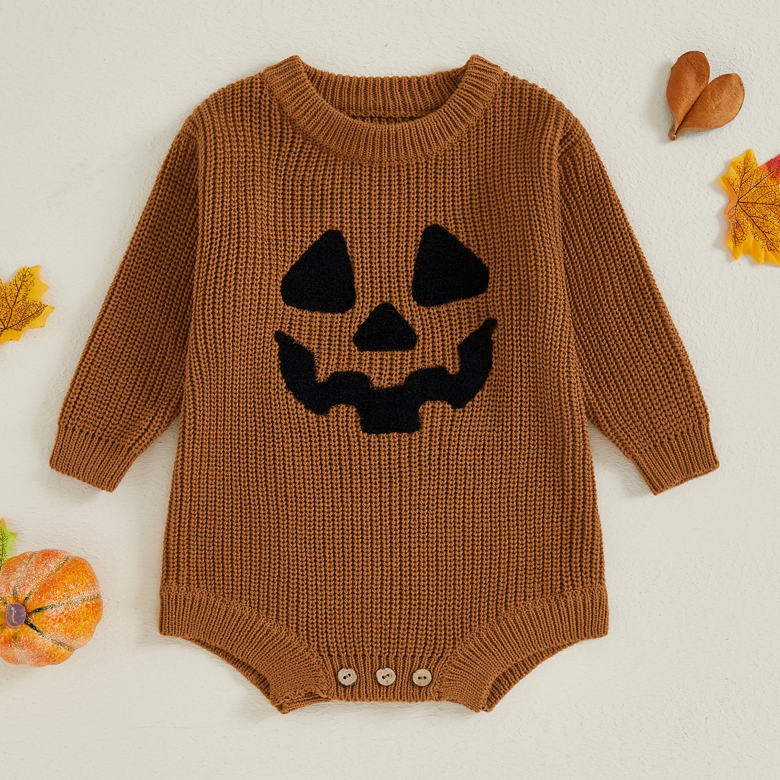 MISOWMNJOY Baby Girl Boy Knitted Romper Halloween Kids Clothes Cute Casual Pumpkin Embroidery Long Sleeve Jumpsuit for Newborn
