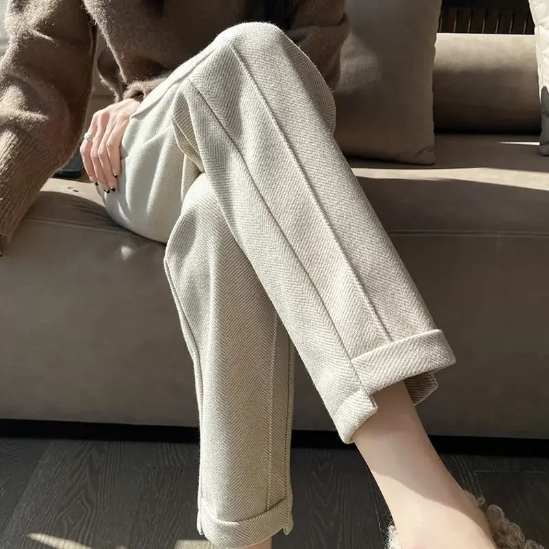 New Thickened Woollen Trousers Women Autumn Winter High Waist Casual Loose Straight Suit Pants Ankle-Length Cigarette Pants