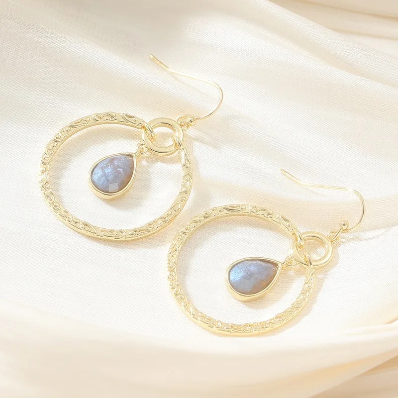 Gold Plated Vintage Large Circle Pendant Earrings Classic Artistic Inlay Synthetic Gemstone Earrings Trendy Jewelry