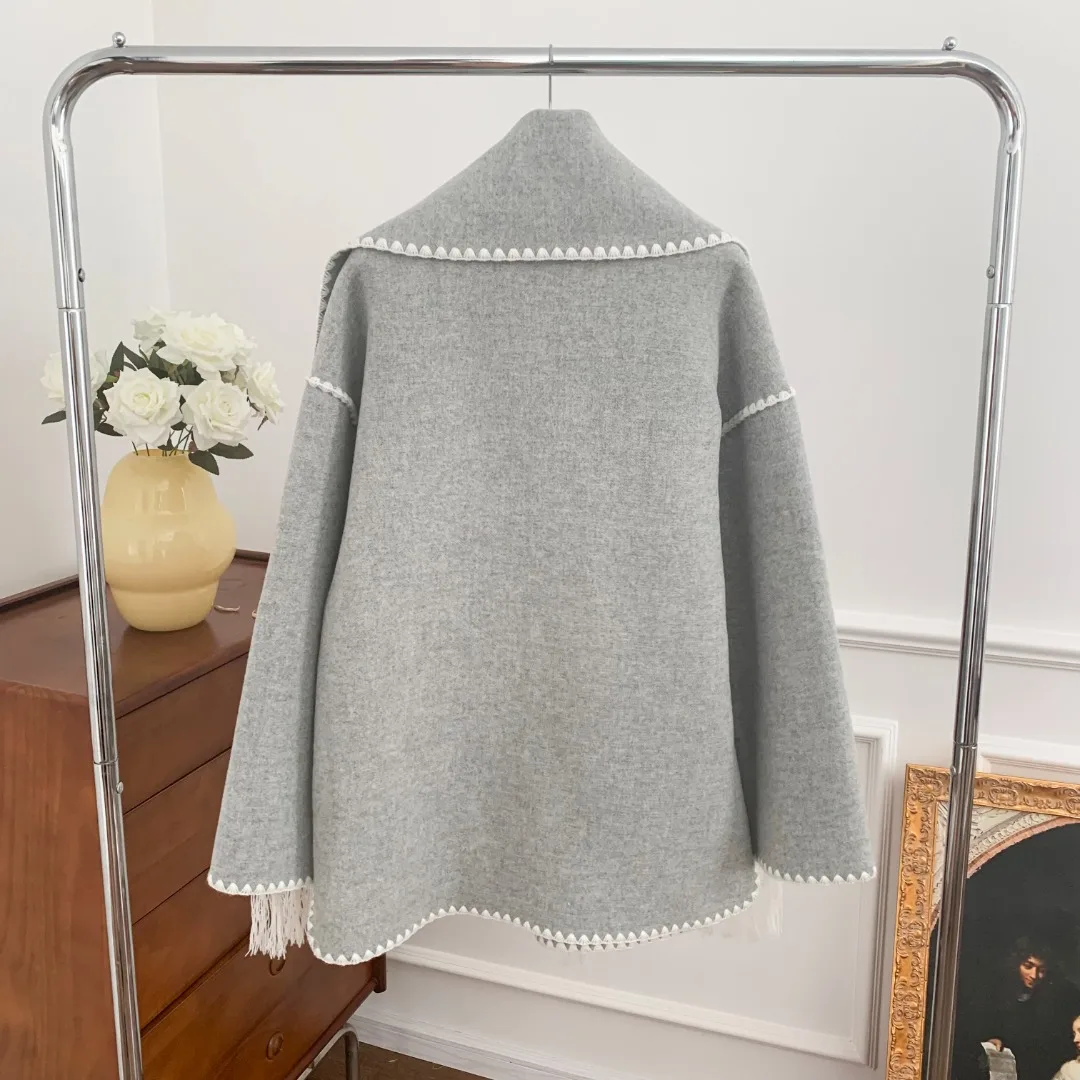 Sdabdbb271c0142cbb900e697324dc803K Women Fringe Scarf Collar Coat Double-sided Woollen Single Breasted Autumn Winter, Loose Embroidery Trim Female Casual Jacket Mallzona