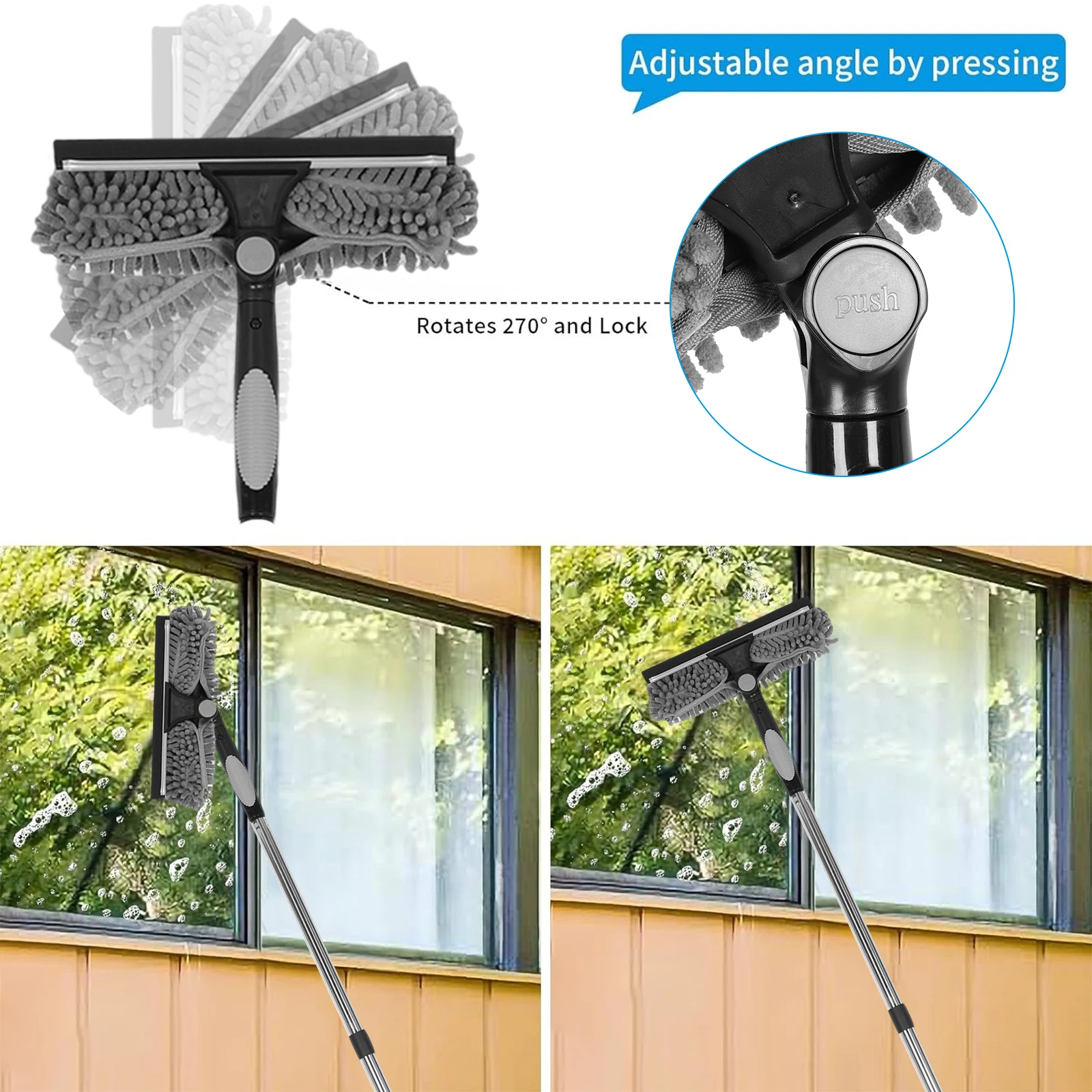 2 in 1 Mop Splicing Rod Rotatable Bathroom Mirror Glass Wiper Adjustable Long Handle Cobweb Duster for Dusting Cleaning Supplies