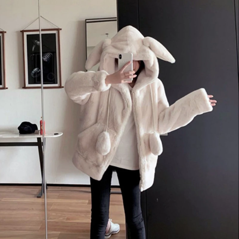 2023 Winter New Oversize Harajuku Hooded Outwear Women Imitation Fur Coat Fluffy Jacket Rabbit Ears Casual Raglan Sleeve Zipper