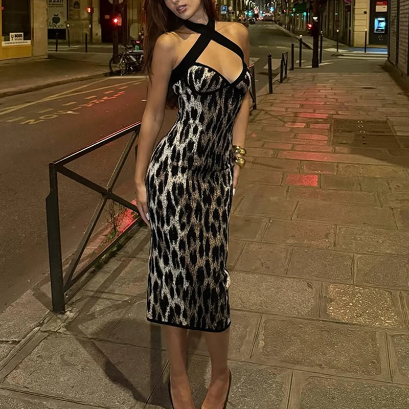 New Fashionable Sexy U-neck Neck Strap Women's Long Dress Sexy Leopard Print Backless Sleeveless Bodycon Summer Elegant Dress