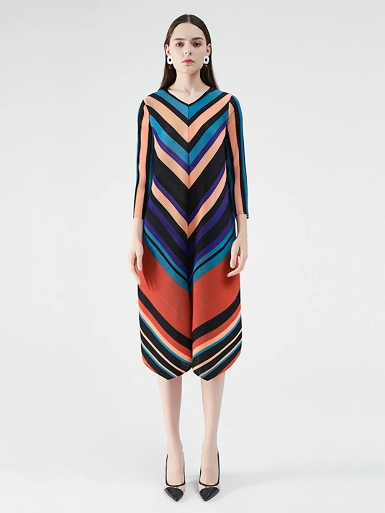 

Delocah высококачественное весеннее женское модное подиумное платье миди с длинным рукавом и цветным блочным принтом, плиссированное эластичное платье lrnormal