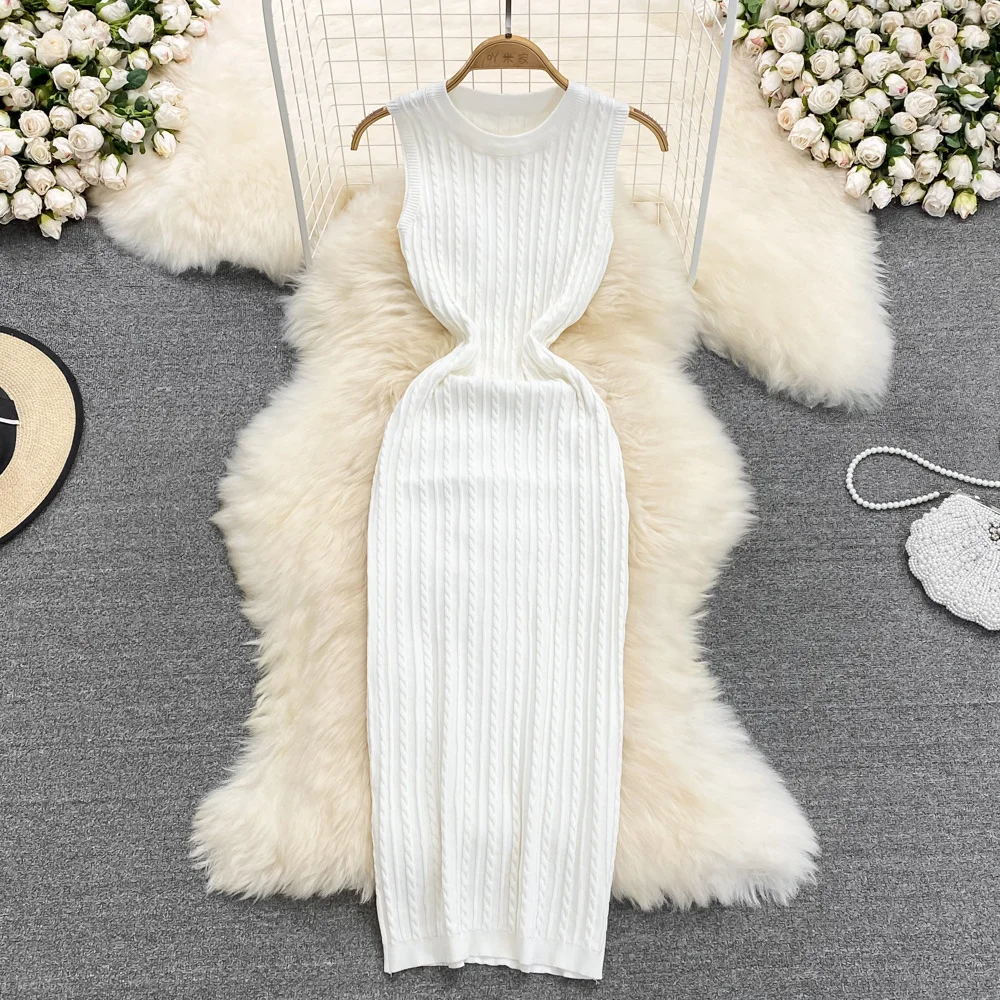 

Summer Women Foamlina Knitting Dress White O-neck Sleeveless Slim Bodycon Dress 2023 Fashion Streetwear Midi Calf Sweater Dress