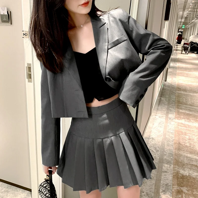 2022 Women's Jacket Long Sleeve Student Pleated Skirt Suit Female Silver Grey Blazer Lady Office Work Suit Blazers Short Dress