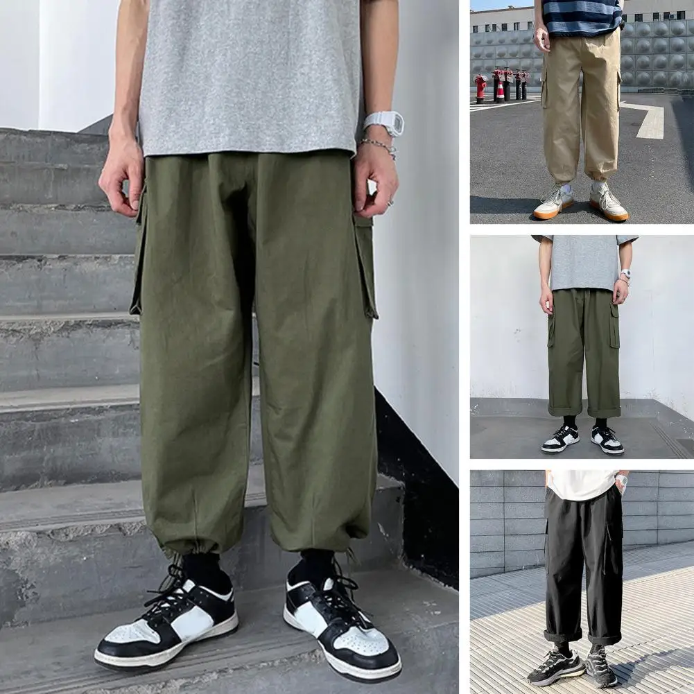Solid Color Pants Streetwear Men's Cargo Pants Loose Fit Multi-pocket  Design Elastic Waist Stylish Functional Trousers Men _ - AliExpress Mobile