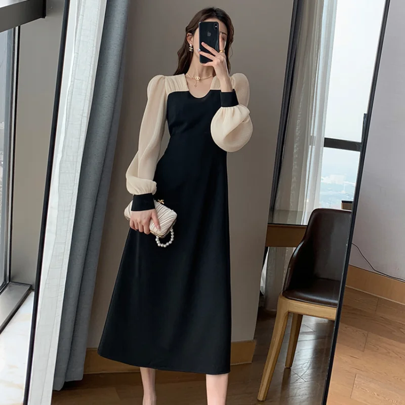 

Women's Clothing 2023 New Fashion French Vintage Black Bubble Sleeves Wrap Up to Show Thin High End Design Feel Splice Dress