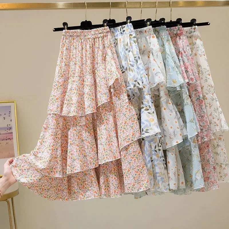 

New 2024 Summer Floral Irregular Ruffled All-match A- line Ins Super Fairy Cake Skirt Women's Half-length Skirt