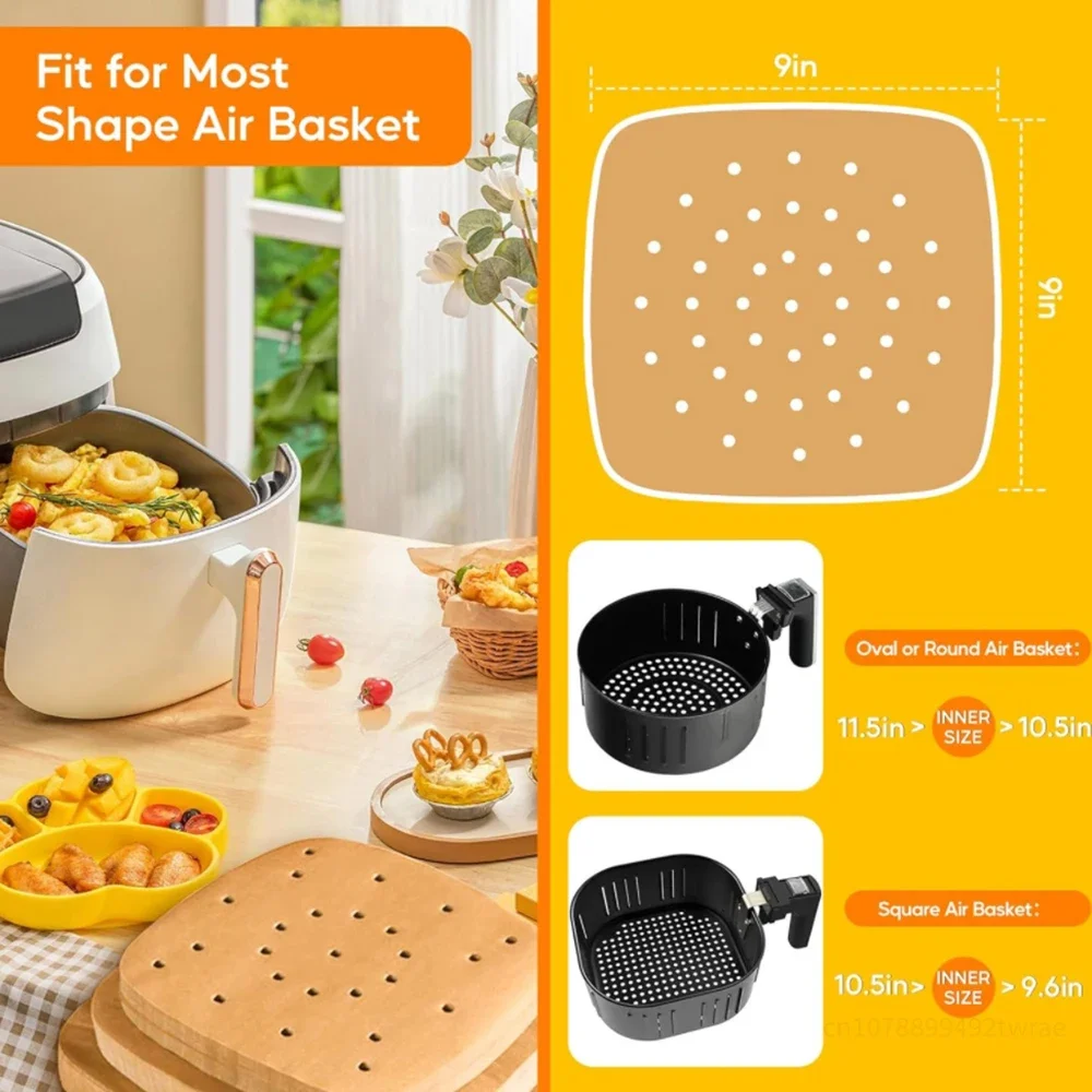 7/8/9 Inch Parchment Paper 100Pcs Square Unbleached Perforated for Air Fryer Steamer Oven Frying Chicken