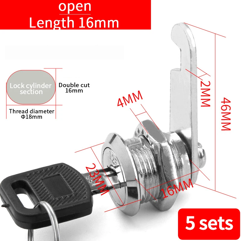 Lock com 2 chaves, Mailbox Lock, Gaveta Cam Lock, 18mm, 5 conjuntos