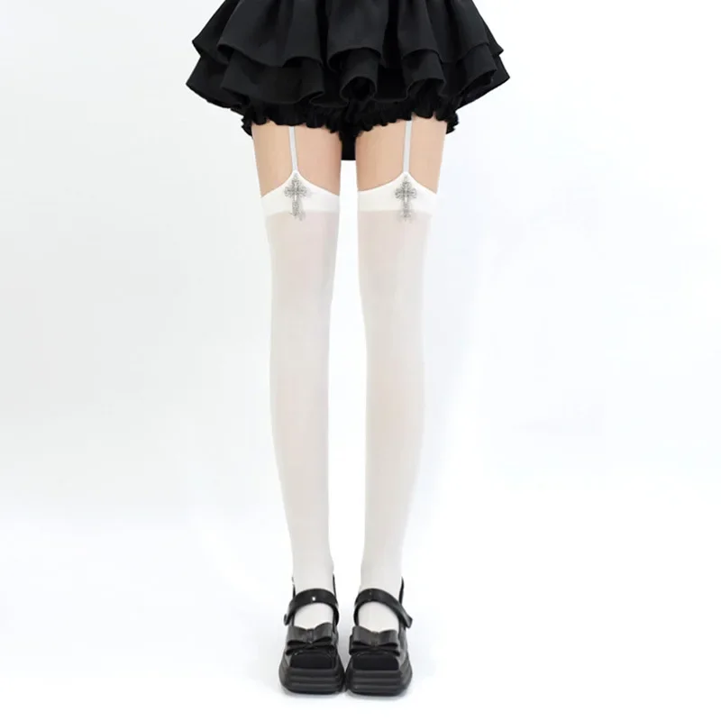 Personality Cross Decoration Women Suspender Socks Solid Color Thin Thigh High Lolita Anime Cosplay Gothic Over Knee Stockings