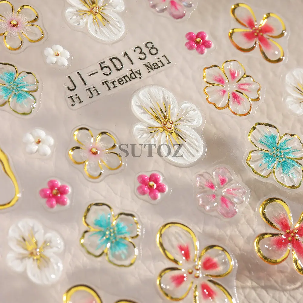 5D Gold Hawaiian Flower Nail Art Stickers Colorful Hibiscus Petal Decal Relief Lily Nail Sliders Charms Manicure Decors LEBJI-5D nail stickers nail art decoration nail decals flower stickers