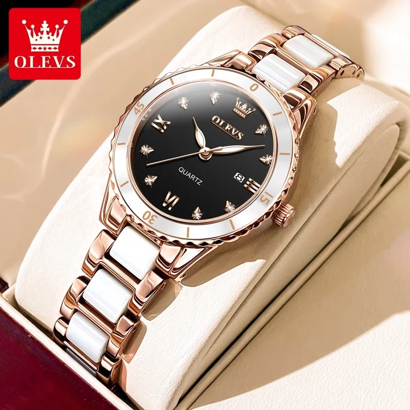 OLEVS Watches for Women Waterproof Ceramic Strap Women's Watch Luxury Diamond Inlay Luminous Dial Calendar Original Quartz Watch 2
