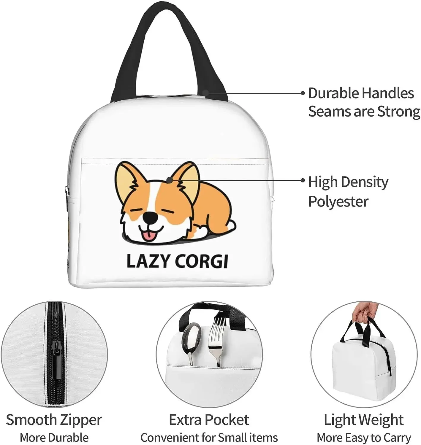 Lazy Welsh Corgi Puppy Lunch Box Insulated Bento Box Reusable Waterproof Lunch Bag with Front Pocket For School Office Picnic