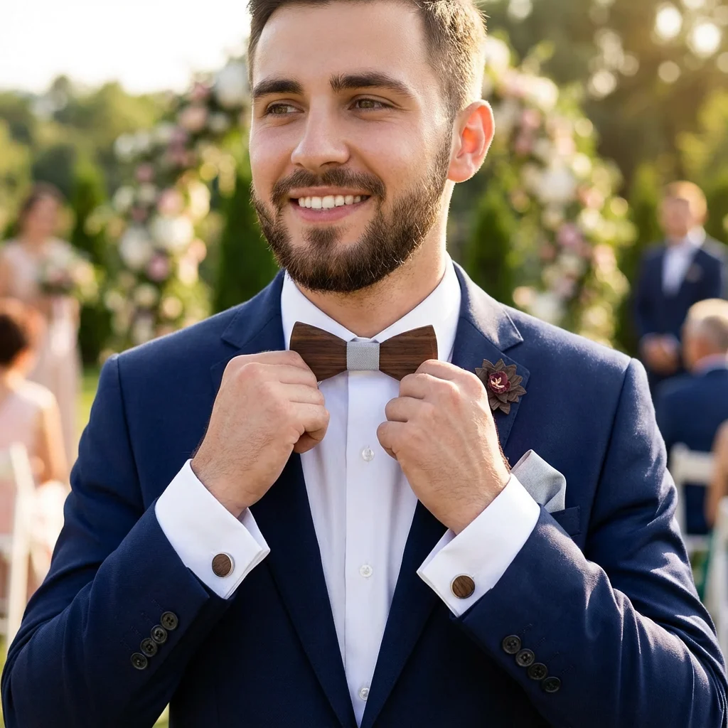 Holz design handgemachte Holz fliege brosche holz box set hochzeit partei bankett manschettenknöpfe taschentücher revers blumen