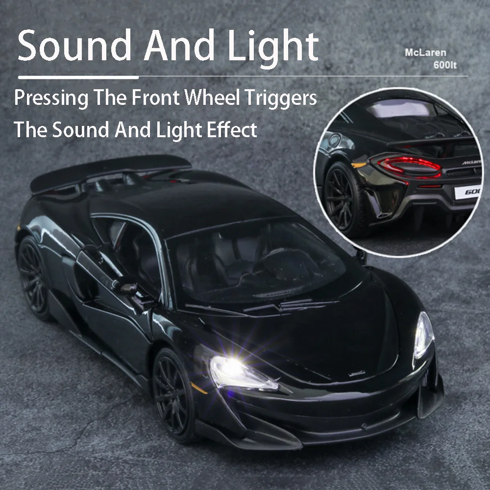 1:32 McLaren 600LT 장난감 모델 합금 다이캐스트 자동차 소리와 빛 3 도어 열림 풀백 기능 어린이 선물용 장난감 차량