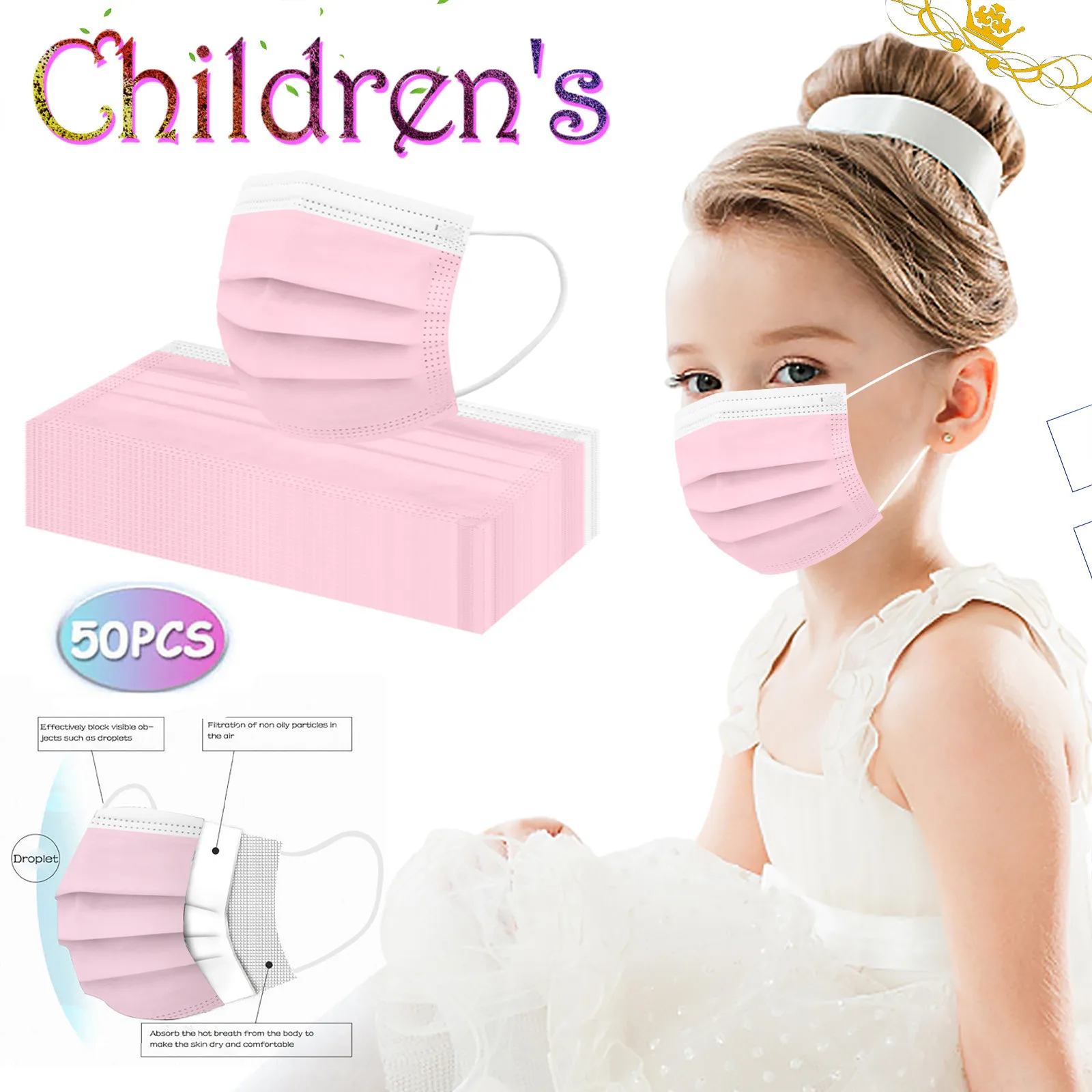 Face mask disposable face mask 50Pcs Kids Face Mask Disposable 3 Ply Safety Face Mask 4-12 Children