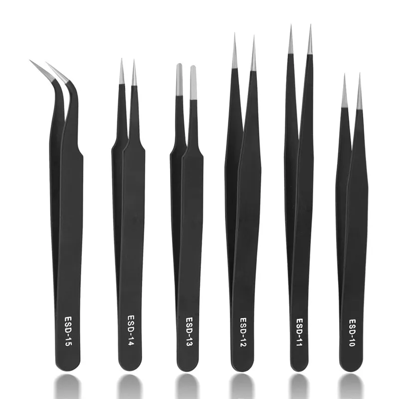 

ESD Anti-Static Stainless Steel Tweezers Set Precision Maintenance Industrial Precision Repair Straight Curved Tweezer Hand Tool