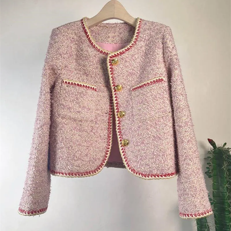 

Luxury Vintage Tweed Woolen Jackets and Coats Women Autumn Winter Runway Designer Long Sleeve Outerwear Office Slim Tops 2022