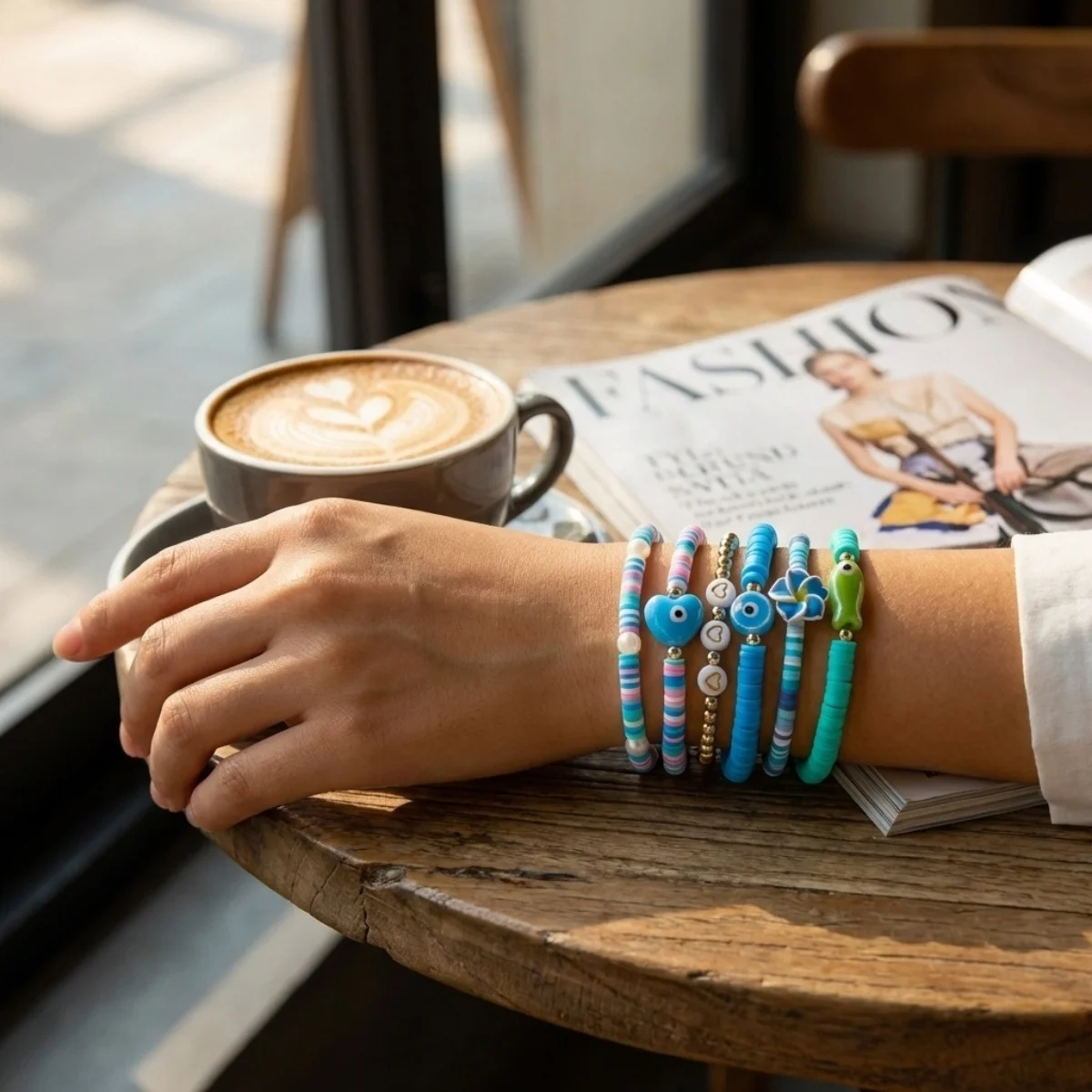 Weiche Polymer-Ton-Blumen-Keramik-Fisch-Herz-Böser-Blick-Armbänder für Damen und Herren – Sommerliche florale gestapelte Armreifen für Strandurlaub und Schmuck – Detail 10
