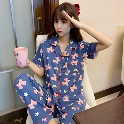 QWEEK Women's Pajamas Set Spring Summer Sleepwear Kawaii Moon Bow Pijamas Plaid Striped Pyjamas Teen Girls Home Clothes Roomware