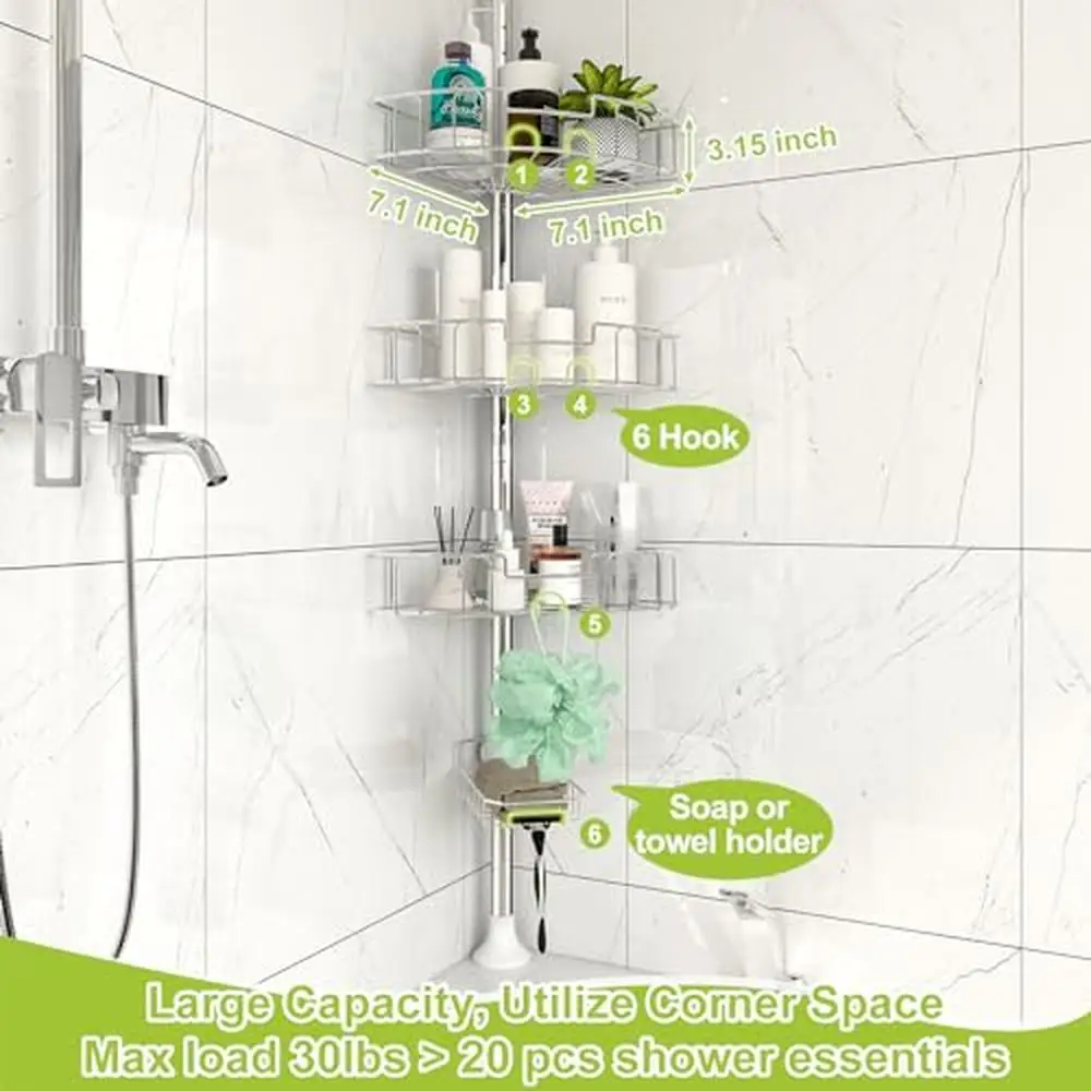 Adjustable Shower Caddy Corner Tension Pole Stainless Steel Organizer Stand Bath Storage Rack with 4 Tier Baskets and Hooks 5