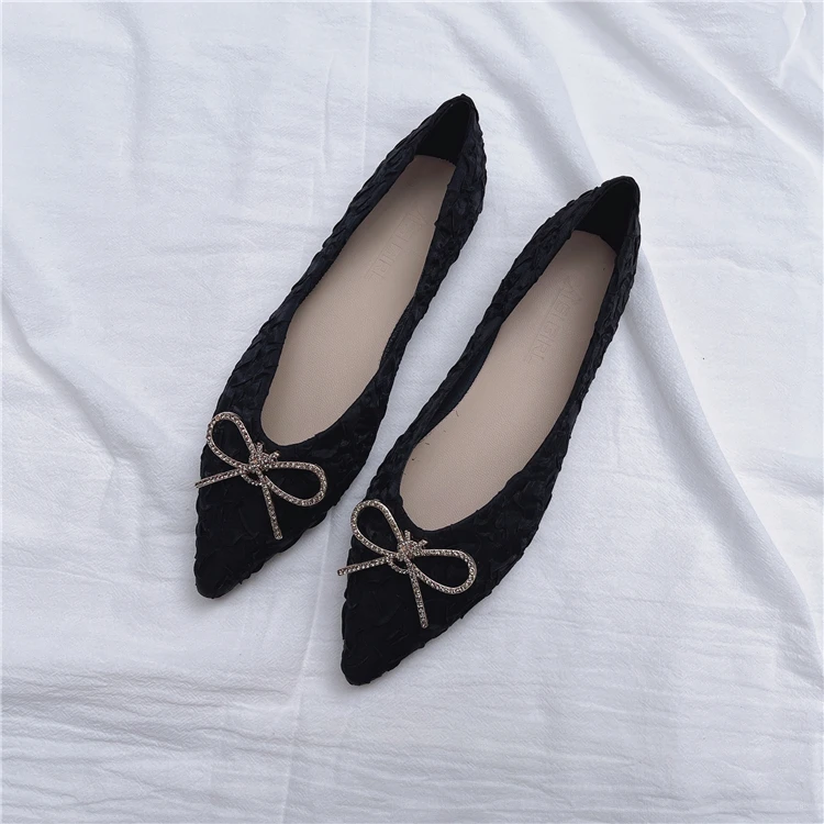 Rhinestone Bow Women's Flat Shoes Zapatos De Mujer Loafers Decorative Pointed Single Shoe Fold Gradient Soft Sole Women Shoes