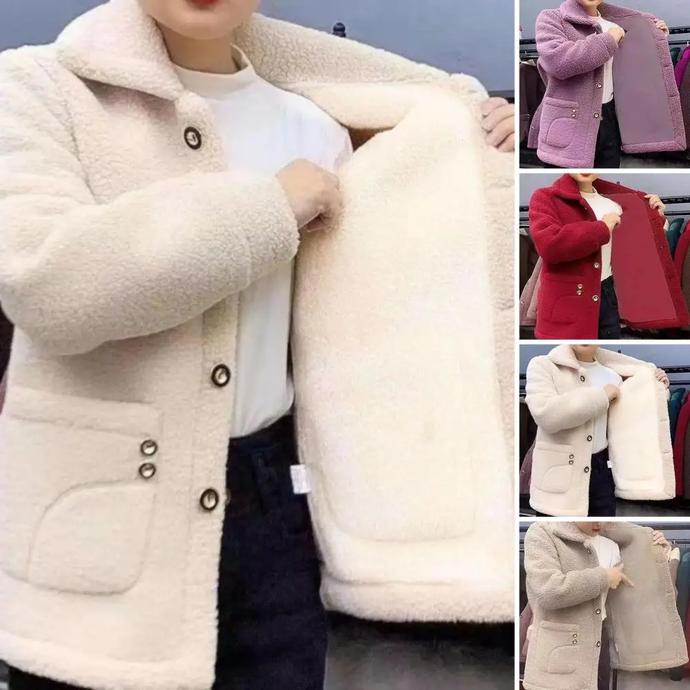 

Solid Color Jacket Coat Stylish Women's Lapel Coat with Thickened Imitation Lamb Wool Long Sleeve Cardigan Outwear for Autumn