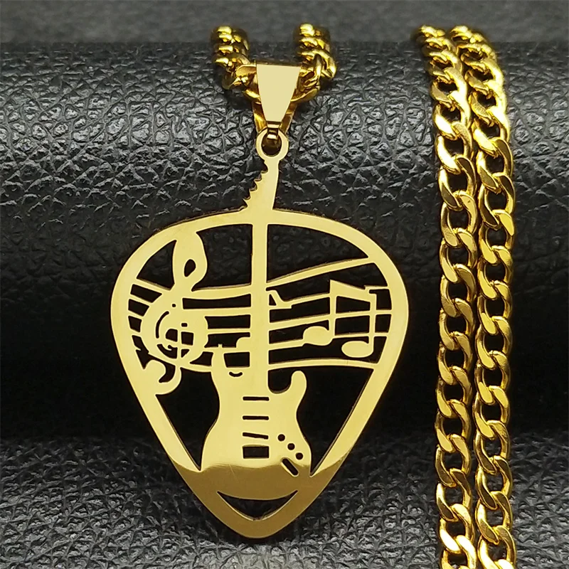 Electric Guitar Pendant Necklace - Stainless Steel, Rock Style, Gold/Black/Silver, 24" Chain