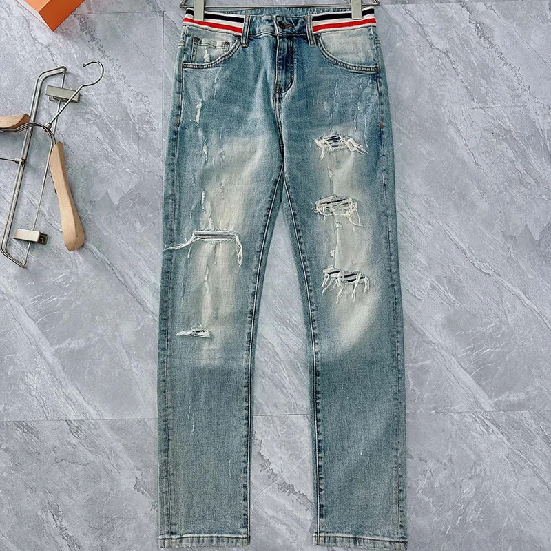 

TB THOM Mens Jeans Spring Autumn Pants Hole Casual Straight Regular Stretch Denim Trousers 2023 New Striped Soft Male Jeans