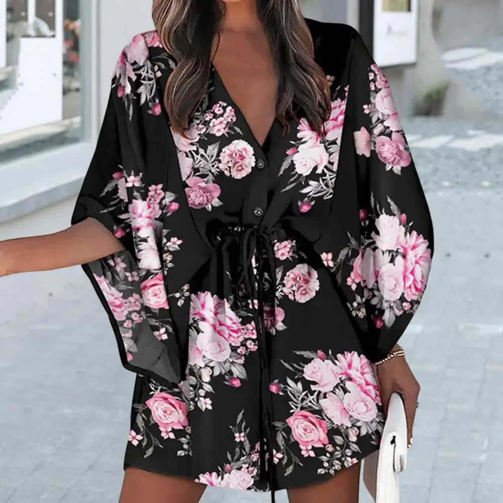 

Printed Beach Dress Floral Print V-neck Mini Dress Summer Boho Style with Waist Drawstring Lace-up Details for Beach Parties