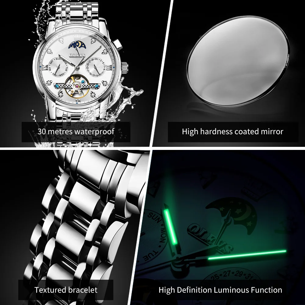OLEVS 6678 Original Automatic Watch for Men Stainless Steel Waterproof Luminous Calendar Moon Phase Hollow Mechanical Man Watch