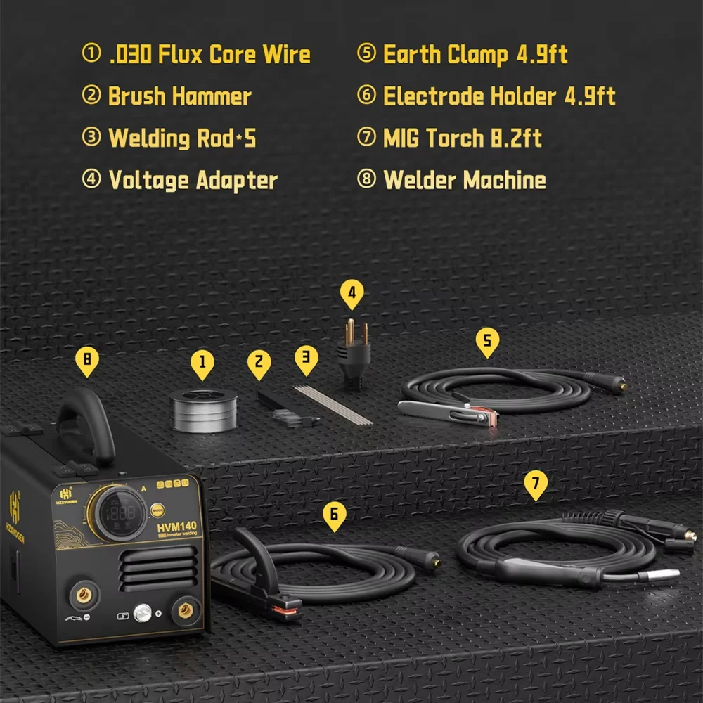 HZXVOGEN 3 in 1 Semi-Automatic Welding Machine HVM140 MMA/Gasless MIG/Lift TIG IGBT Inverter Welder Synergy Tool Non Gas Welder 6